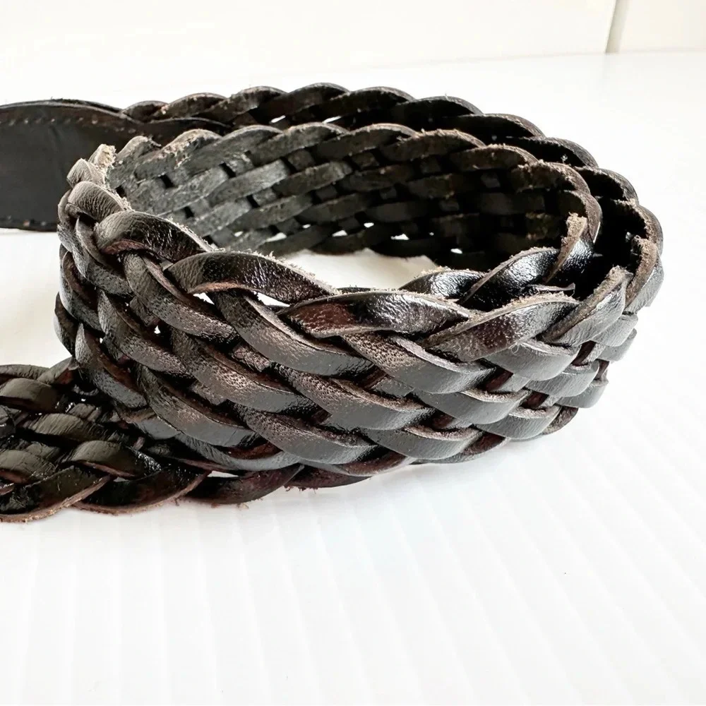 Vintage Crocodile, Woven Leather Belt Black Silver Decorative Buckle